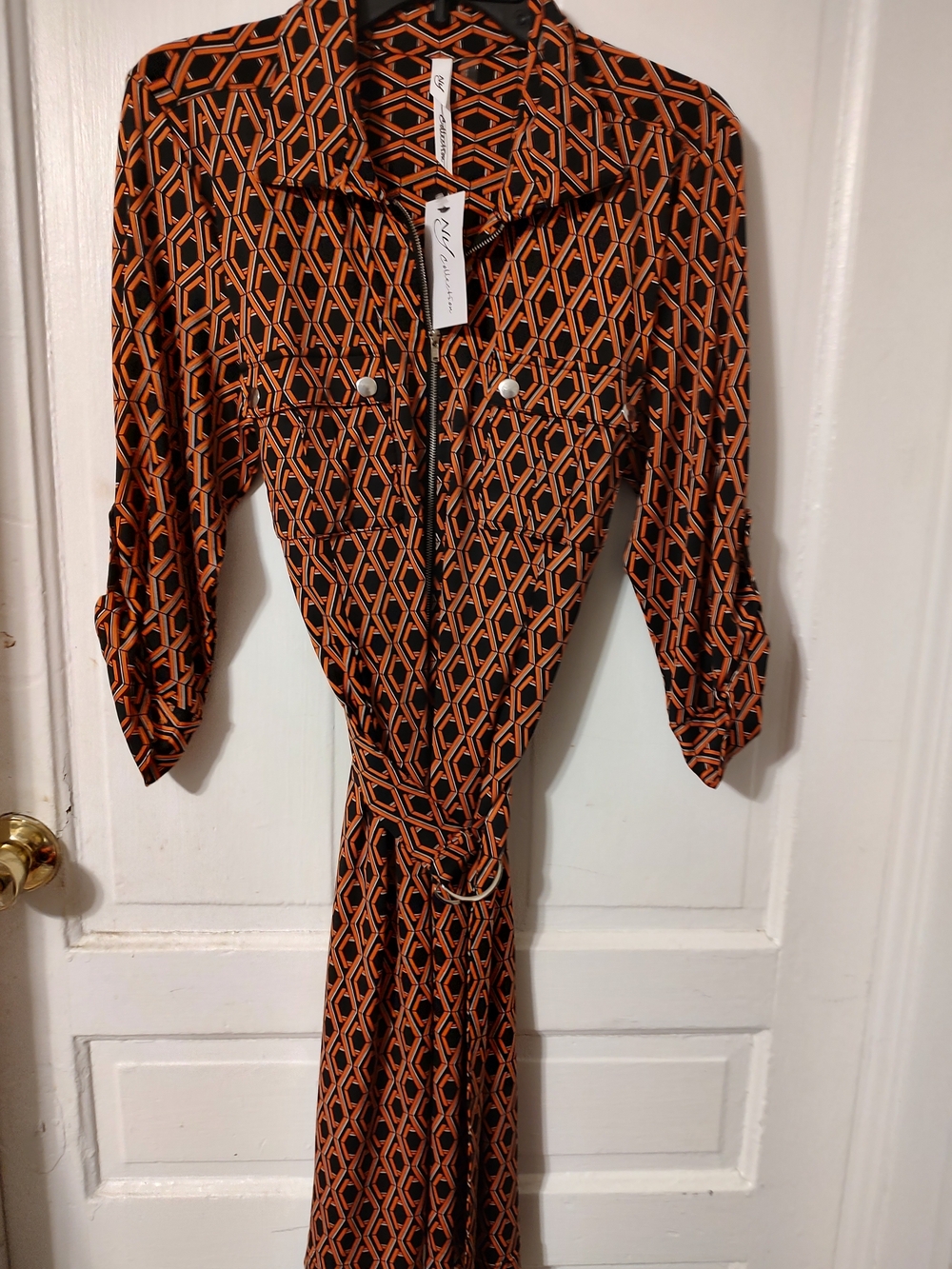Geometric Print Belted Shirt Dress - Orange/Black